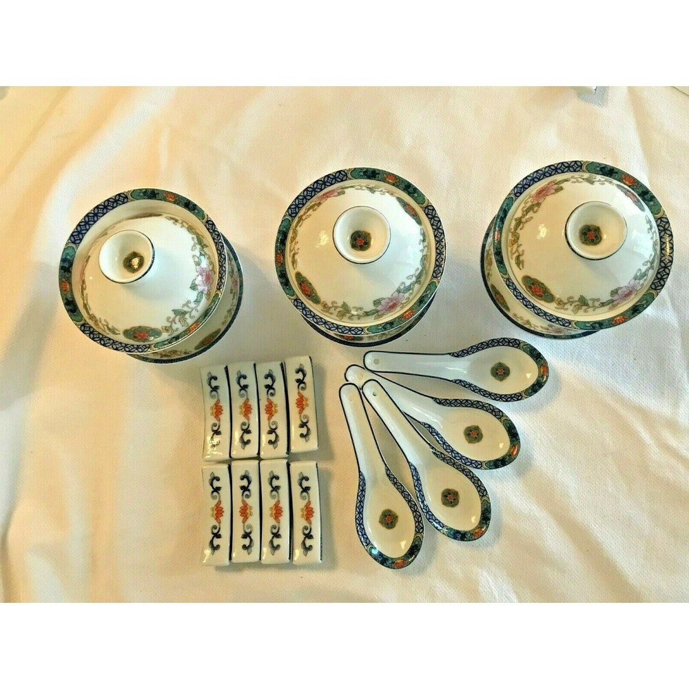 CORDON Bleu BIA Rice Bowls White Blue Porcelain Sushi Set Lids Spoons Rests